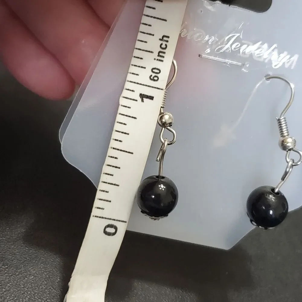 Silver tone black bead earrings